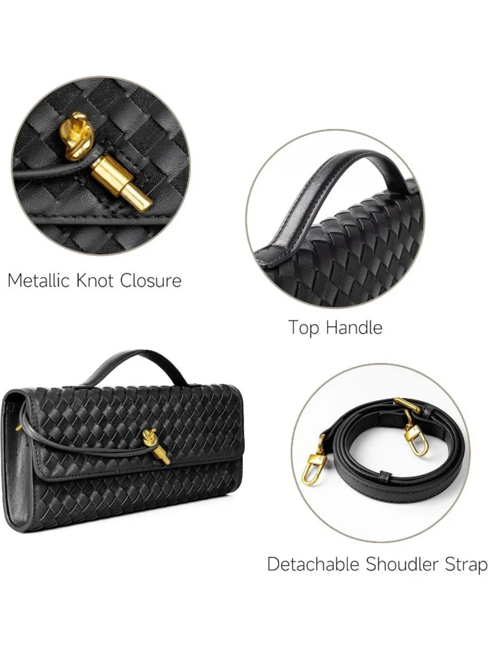 Womens Black Woven Leather Suede Clutch Purse Evening Crossbody Handbag